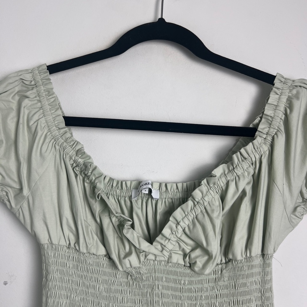 WeWoreWhat‎ Small Cotton Poplin Sage Green Puff Sleeve Smocked Midi Dress - Picture 5 of 11